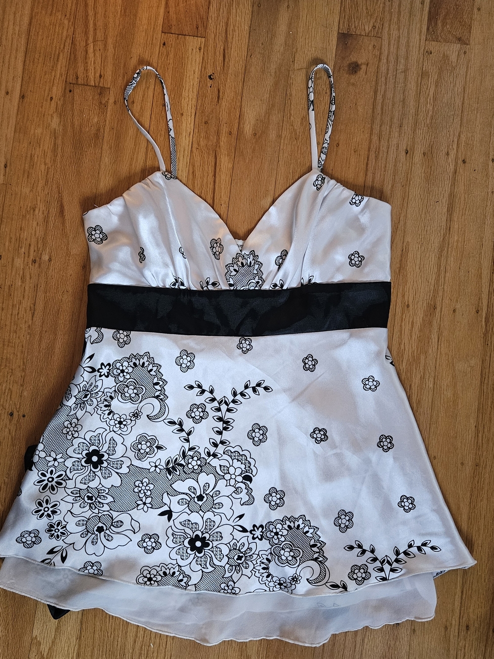 Forever 21 White Tank Top with Black Floral Print and Black Waistband